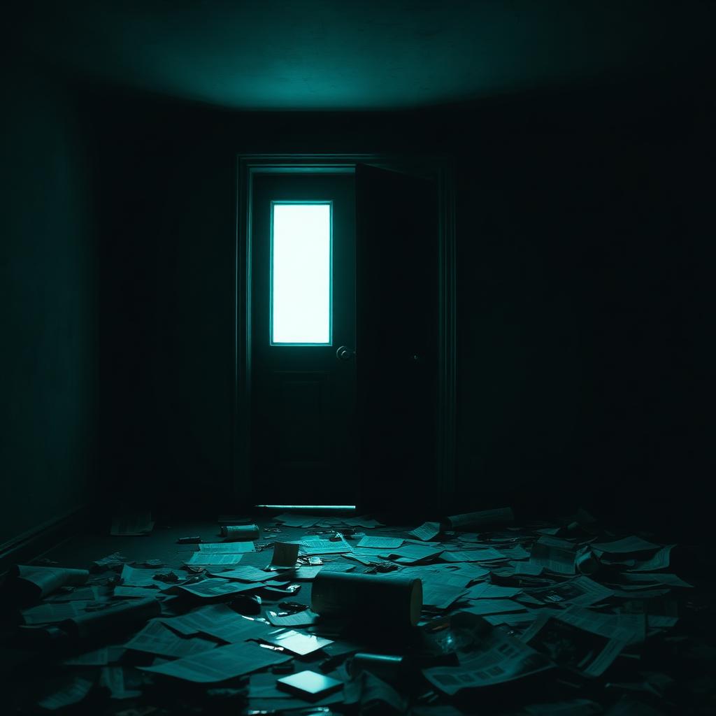 A dark room lit by a doorway, papers scattered on the floor.