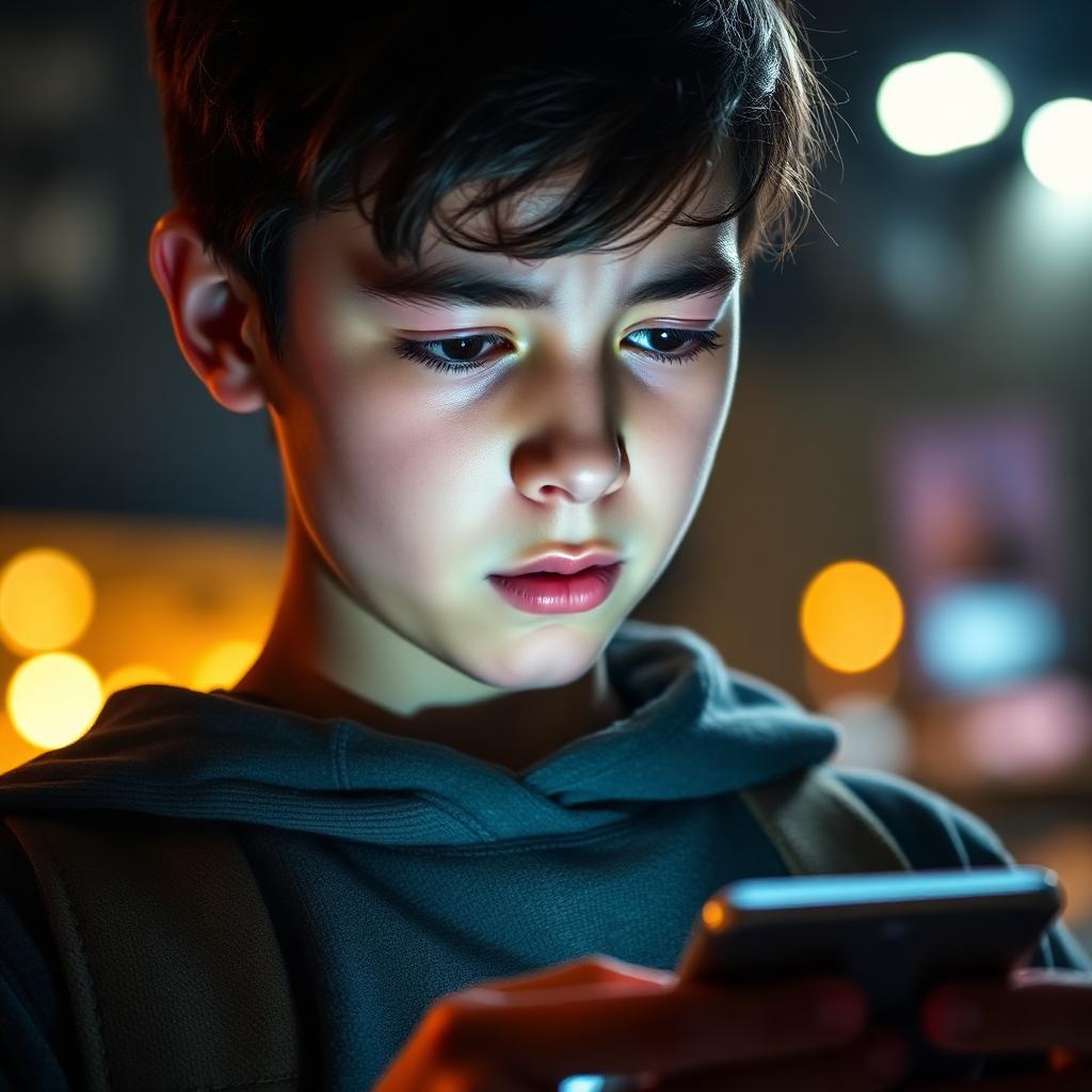 A student reading a suspicious message on a phone at night.