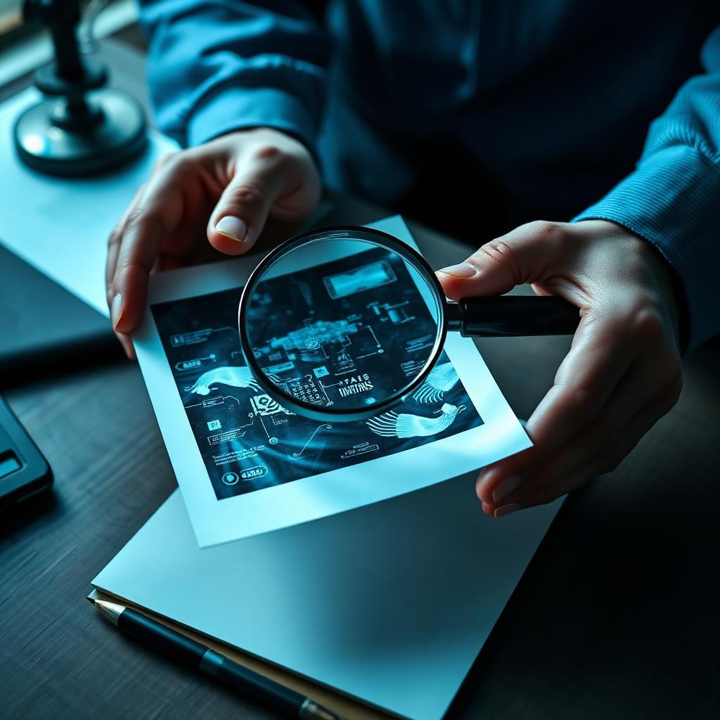 Hands holding a magnifying glass over a manipulated photograph.