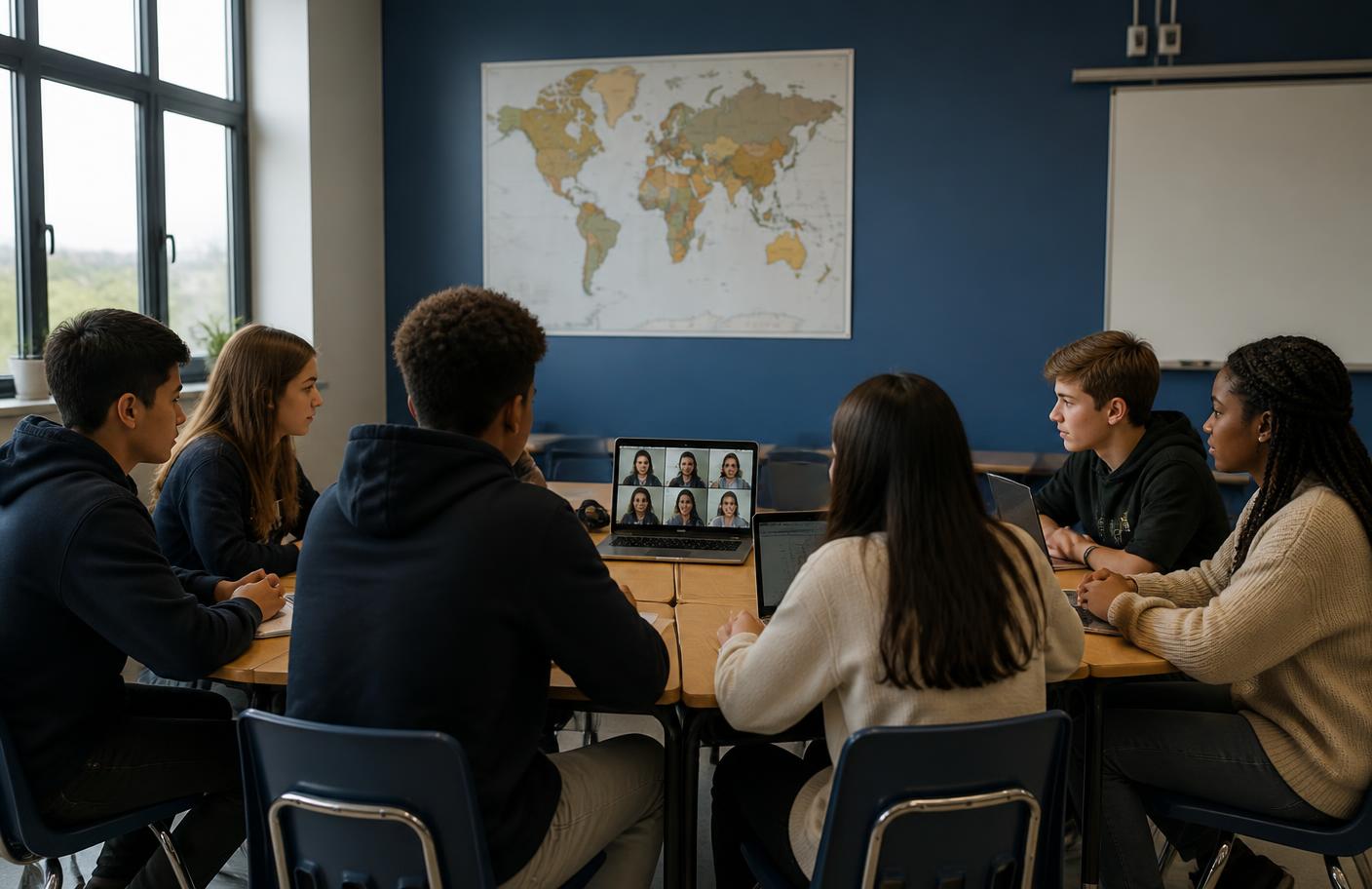 Students in a classroom joining an international video call with peers in other countries.