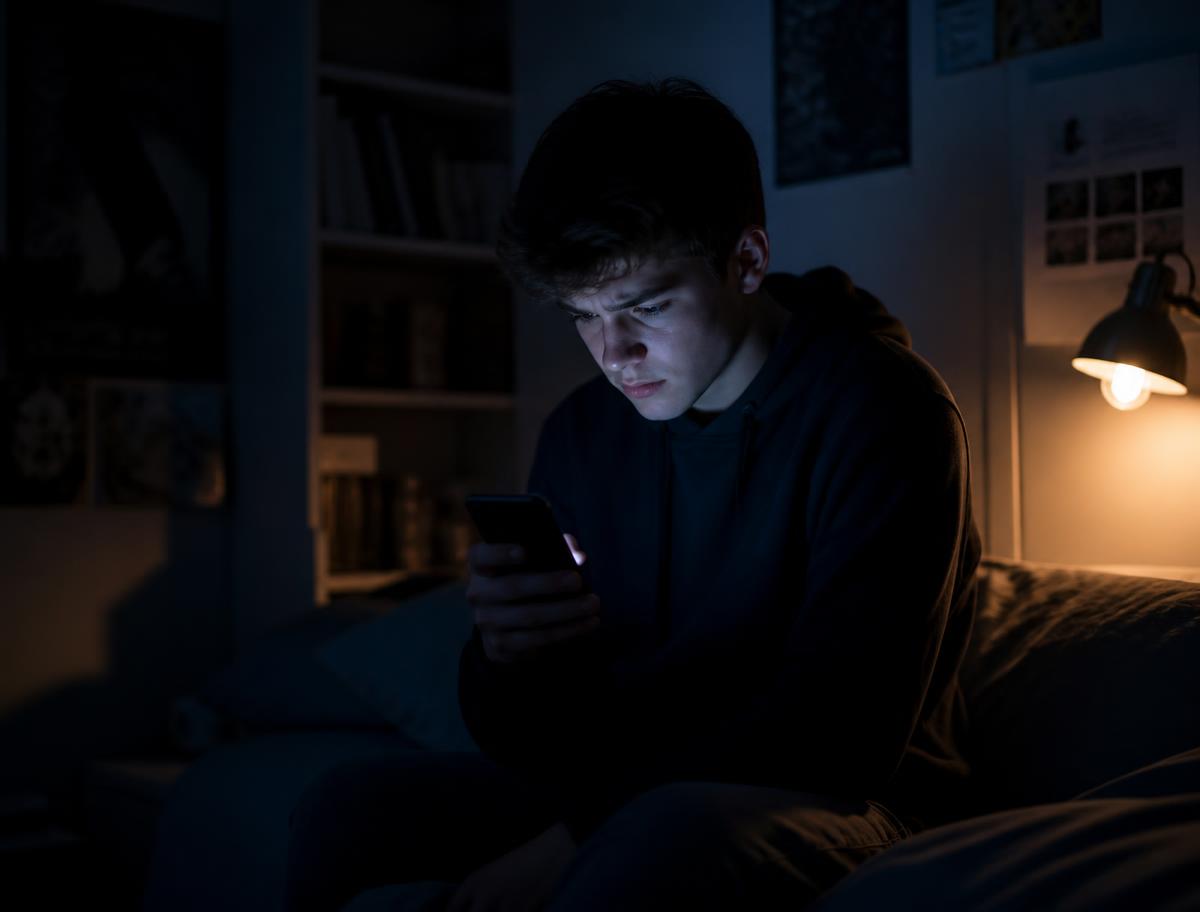 A student sitting alone at night, lit by a phone screen, reading a message with an uncertain expression.